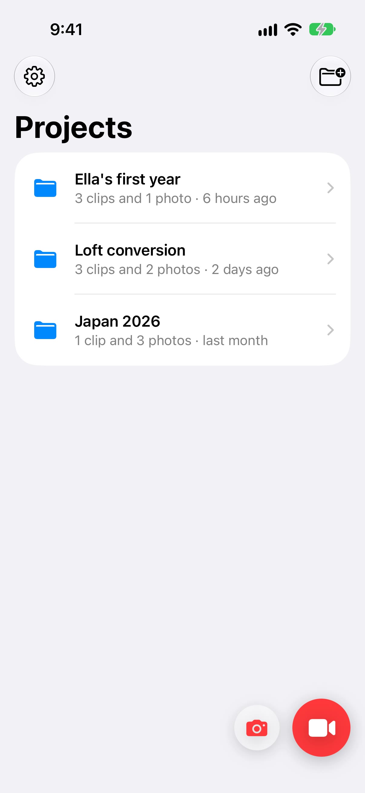 The Foldcam projects list: Ella’s first year, Loft conversion and Japan 2026, each with its count of clips and photos, and round photo and video buttons at the bottom right, the video one bigger and red