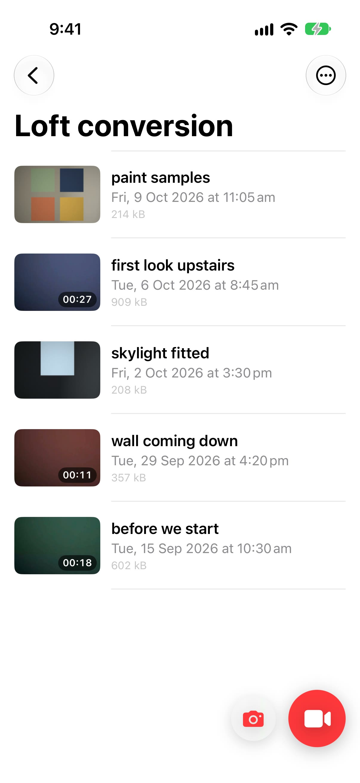 The Loft conversion project: three video clips with their durations and two photos, paint samples and skylight fitted, each with its date and file size