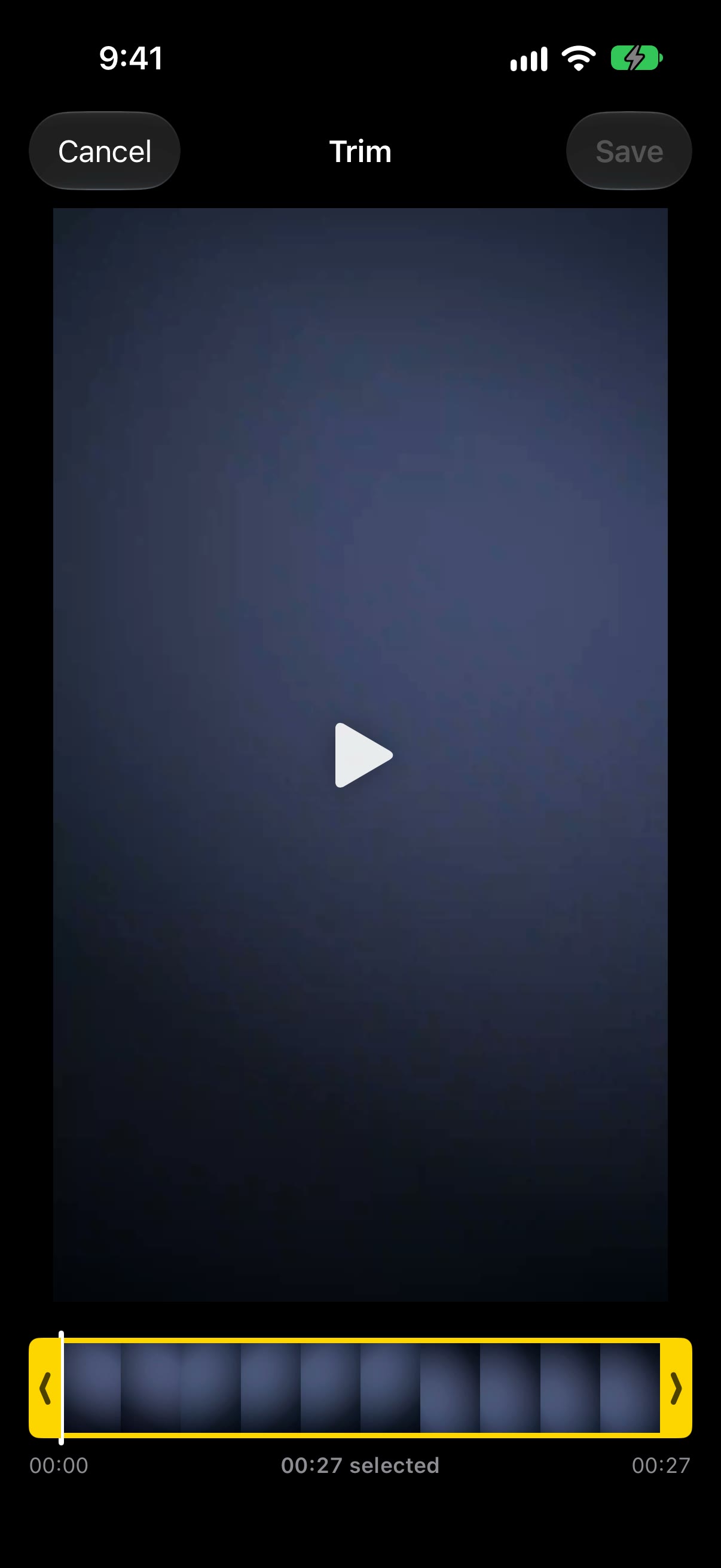 The trim screen: a filmstrip with yellow handles and “00:27 selected”