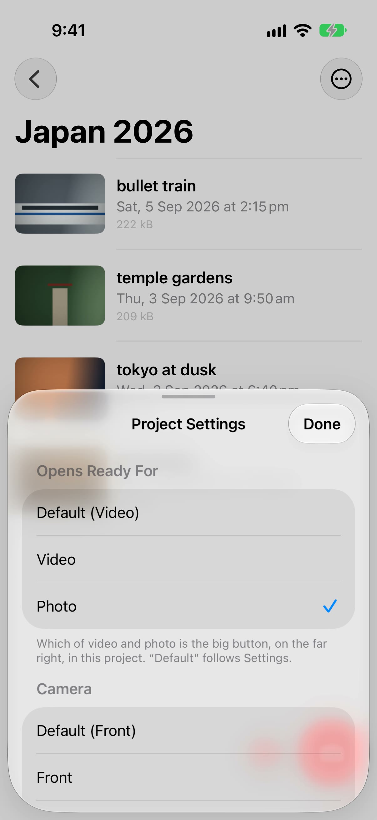 Project Settings for Japan 2026: under Opens Ready For, Photo is ticked rather than Default (Video) or Video, with the Camera section below