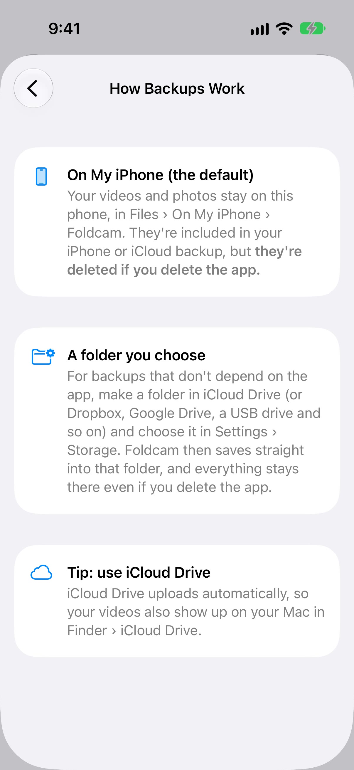 The How Backups Work screen explaining On My iPhone, a folder you choose, and the iCloud Drive tip