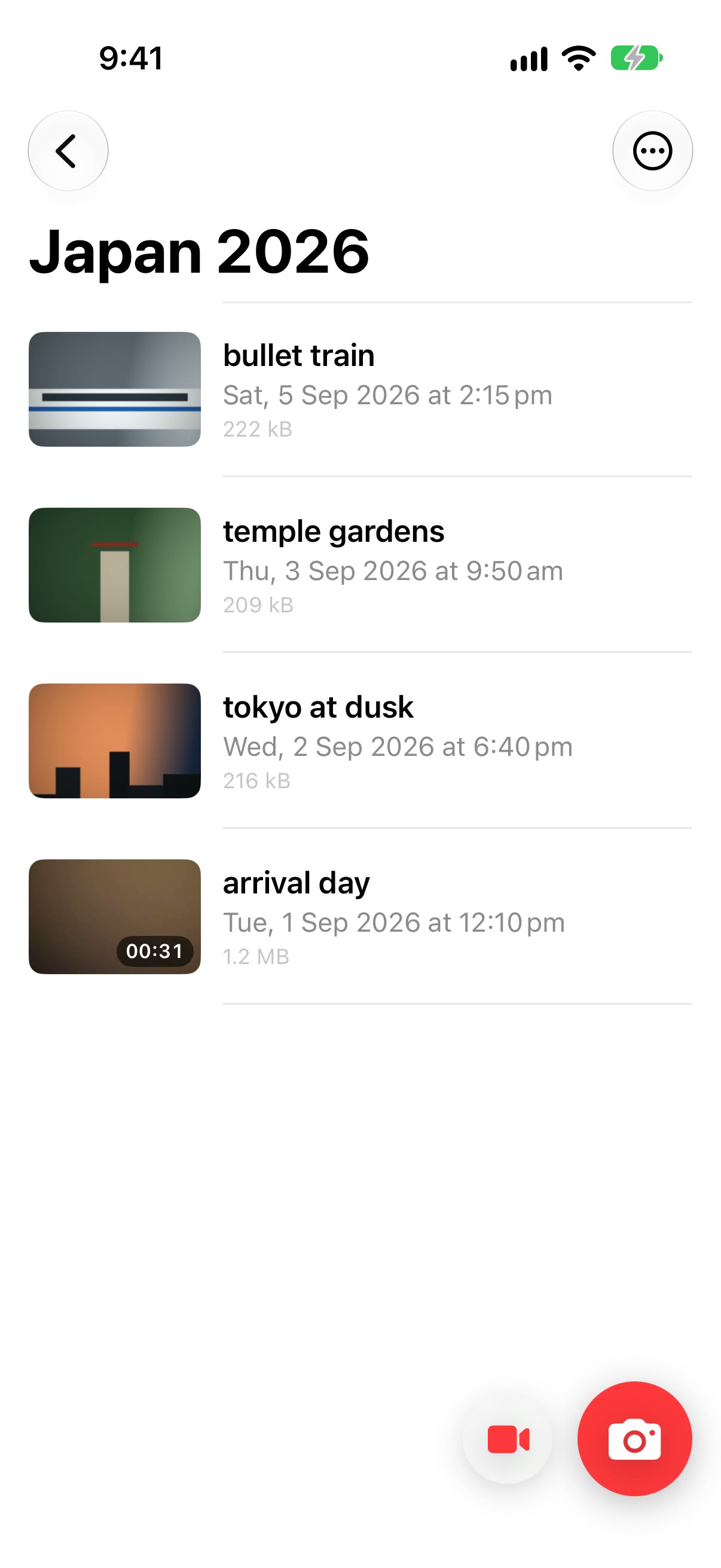 Japan 2026, a photo-first project: three photos and a clip, with the photo button the big red one and the video button smaller beside it