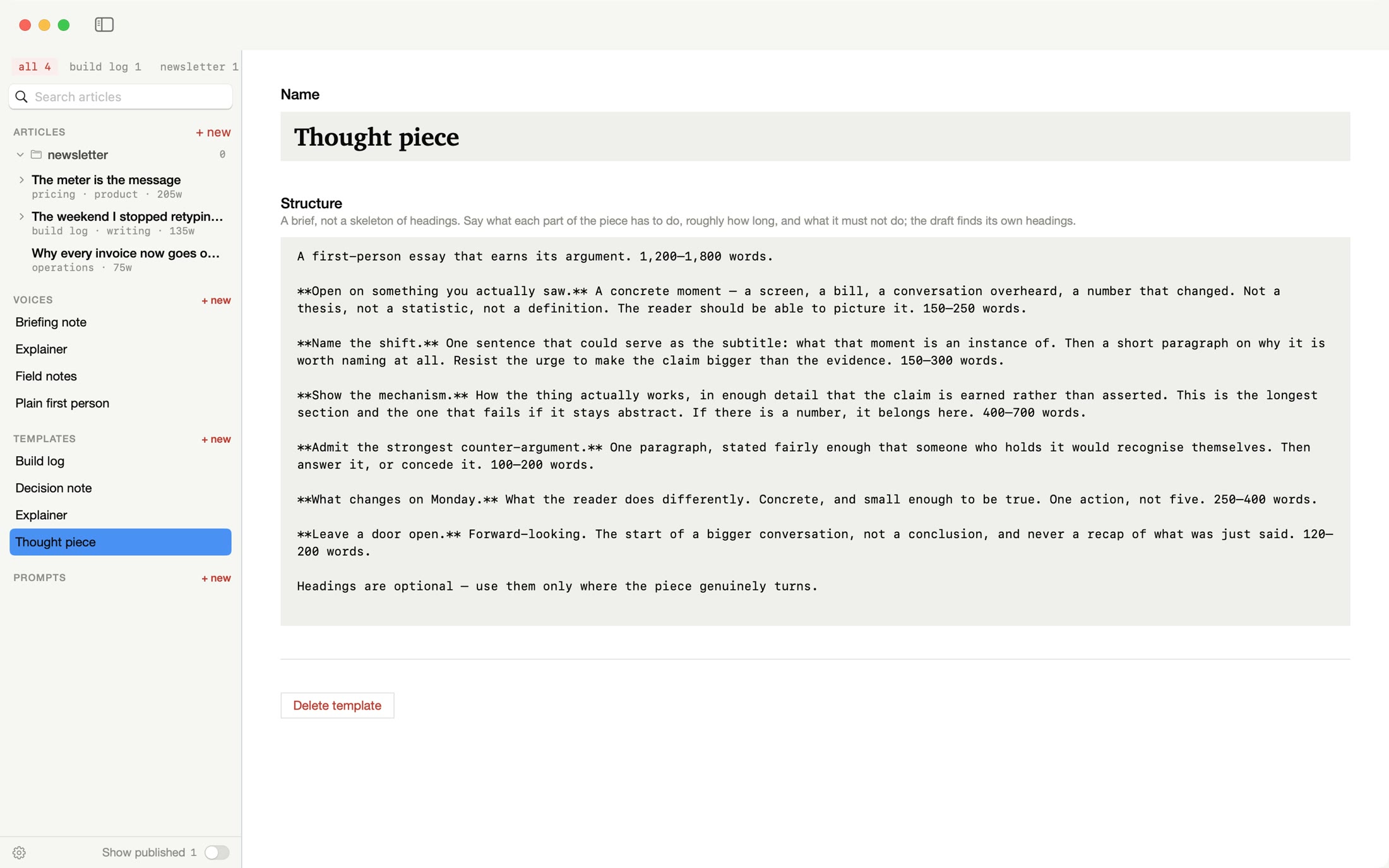 The Thought piece template: a structure brief that opens on something you actually saw and ends by leaving a door open
