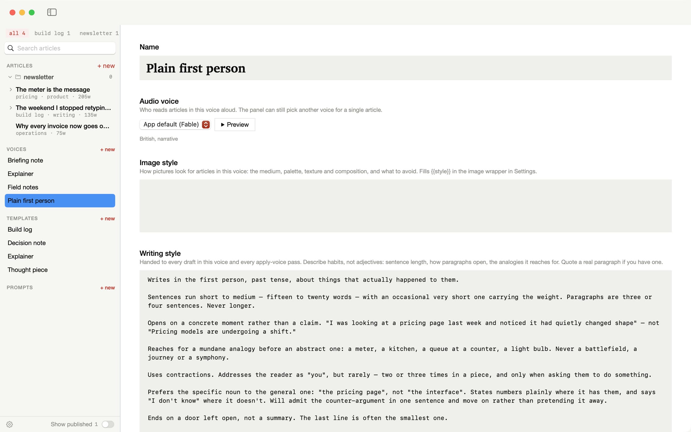 The Plain first person voice: audio voice, image style and a writing style that describes sentence length, openings and endings
