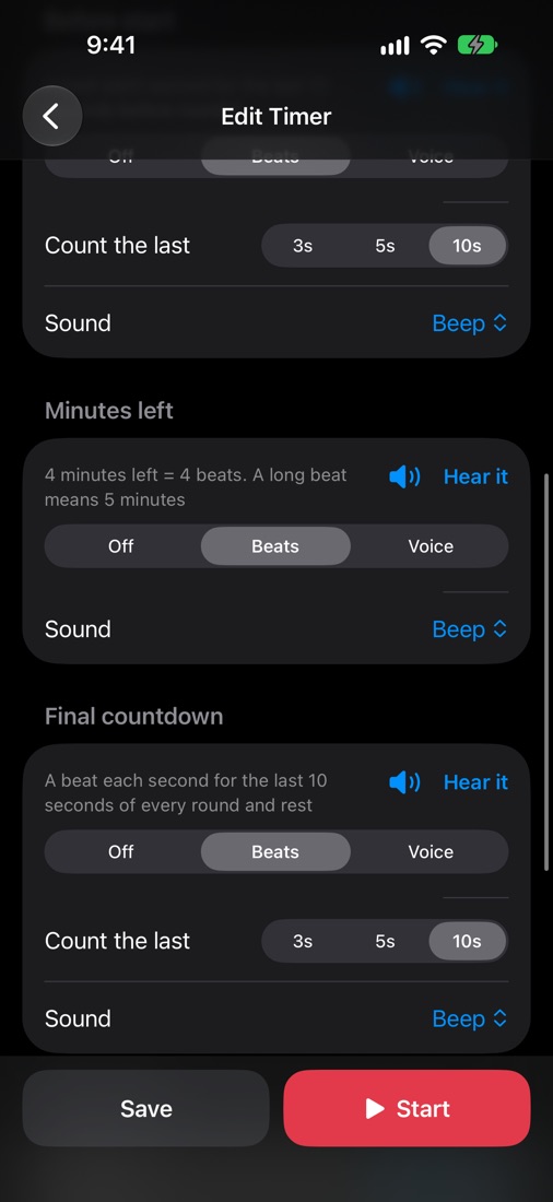 Sound settings: before start, minutes left, final countdown